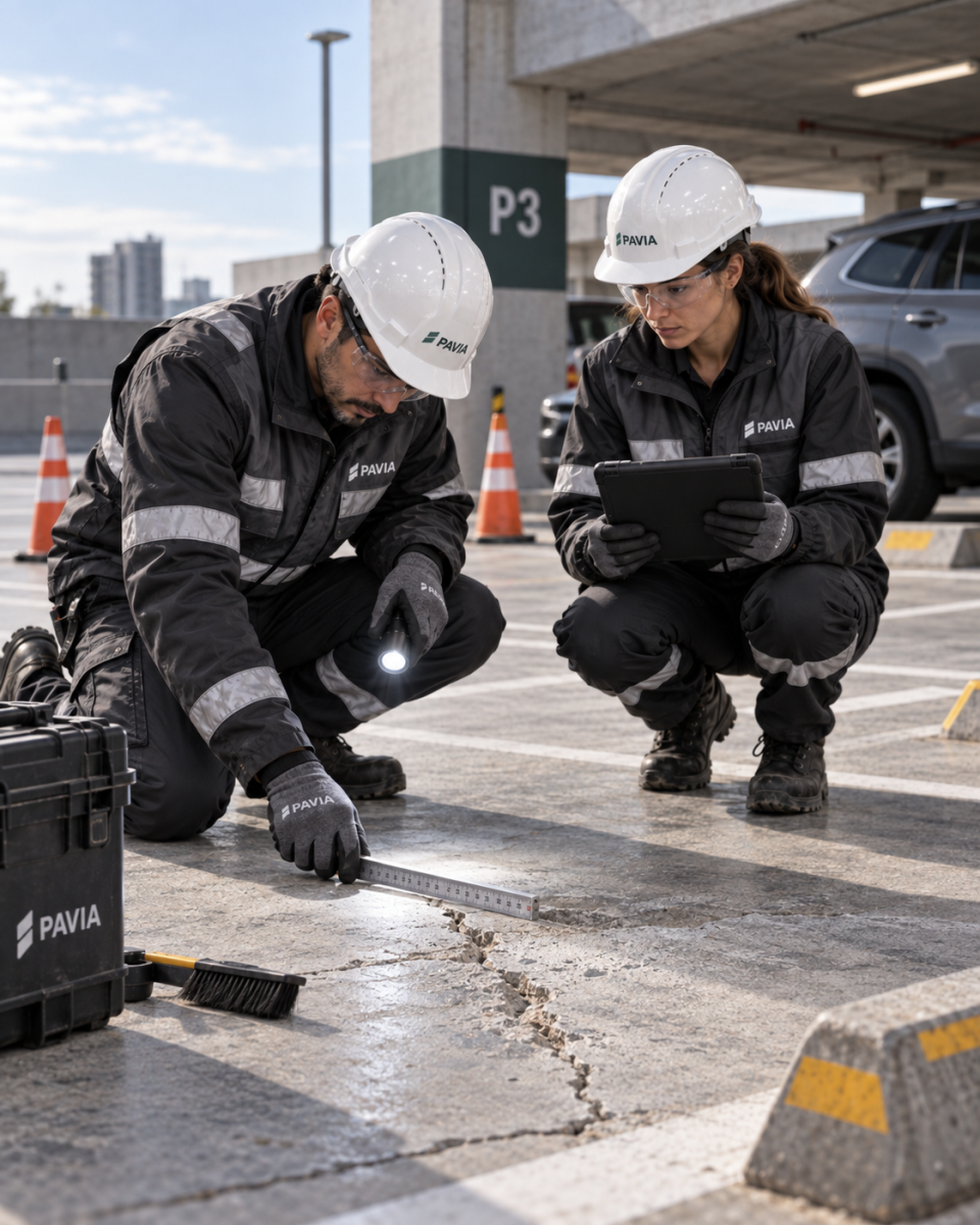 Técnicos PAVIA midiendo grieta en estacionamiento exterior