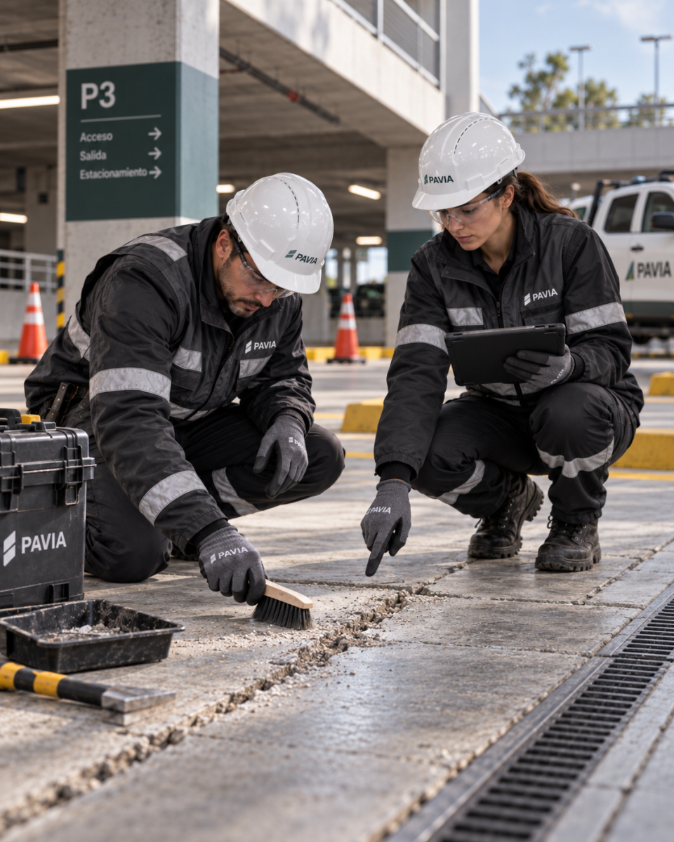 Equipo PAVIA limpiando y documentando grietas en estacionamiento