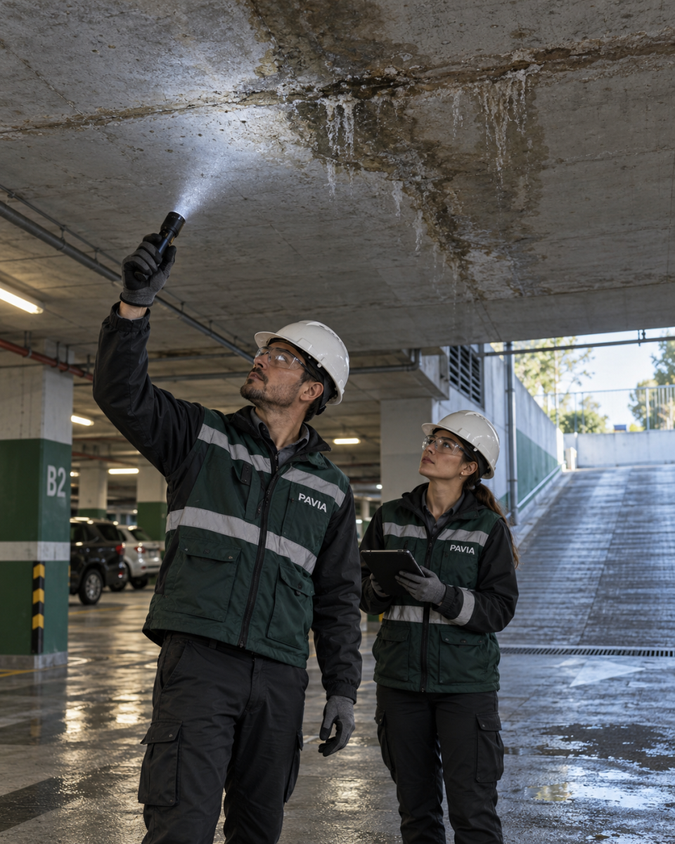 Equipo PAVIA inspeccionando estacionamiento subterráneo con linterna